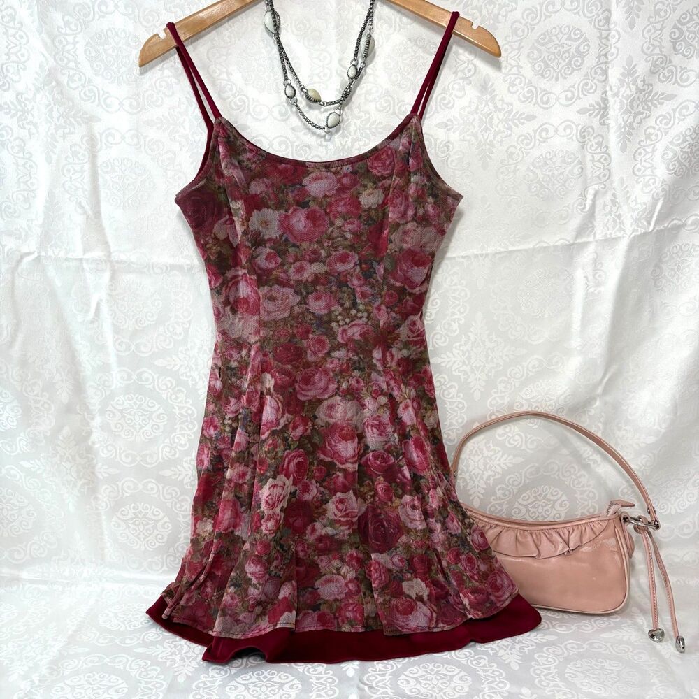 Rampage Mini Dress Mesh Floral Roses Vintage 90s Strap Red Pink Coquette S/M